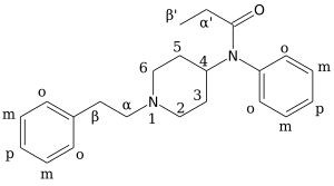 The chemical structure of fentanyl has been used as a basis in modern chemistry for the discovery and nomenclature of many new fentanyl analogues, sometimes called fentalogs. Fentanyl numbering.svg