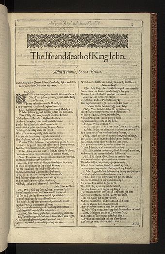 Opening page of the First Folio King John