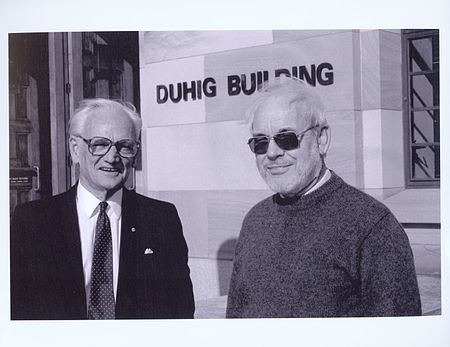 Former University Librarian Harry Bryan with University Librarian Derek Fielding outside the Duhig Building at the University of Queensland, Brisbane, 20 Jul 1992.jpg