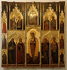 Retable peint et doré représentant plusieurs scènes religieuses.