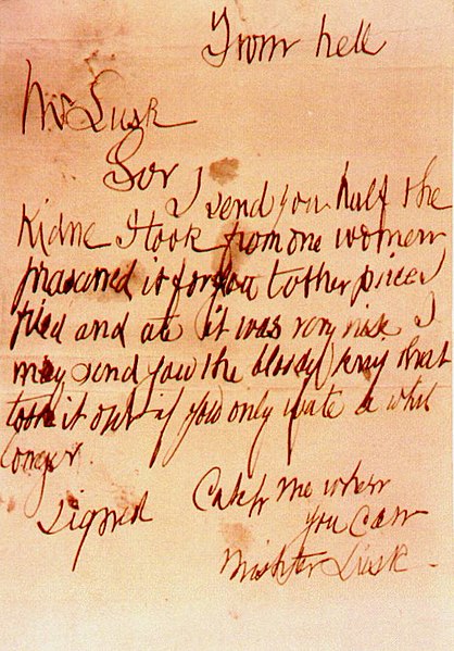 A photographic copy of the now-lost "From Hell" letter, postmarked 15 October 1888