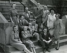 The staff of the institute in 1953. Second director Paul Gebhard is seated on the upper steps, second from left Front row (left to right)- Cornelia V. Christenson; Mrs. Leser; Clyde E. Martin. Arranged on steps (left to right)- Mrs. Brown; Paul H. Gebhard; William Dellenback; Alfred E. Kinsey; Wardell B. (5493916199).jpg