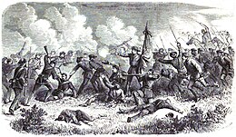 GUERRE DE L'AMÉRIQUE DU SUD. - COMBAT DE SAM-BORJA (10 juin 1865); le 1º bataillon de volontaires brésiliens deféndants son drapeau contre les Paraguayens. - D'après un croquis de M. Mynssen.jpg