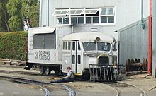 Weekly maintenance of Goose number 3 at Knott's Berry Farm Galloping Goose 3 under repair at Knotts.jpg