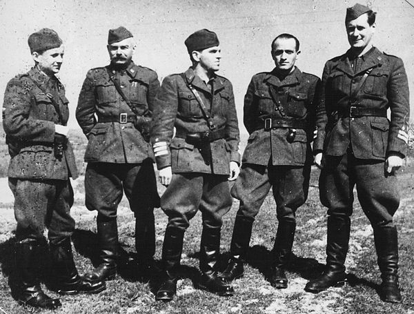 Main staff of National Liberation Army in 1944. From left to right: Boris Kraigher, Jaka Avšič, Franc Rozman, Viktor Avbelj and Dušan Kveder.