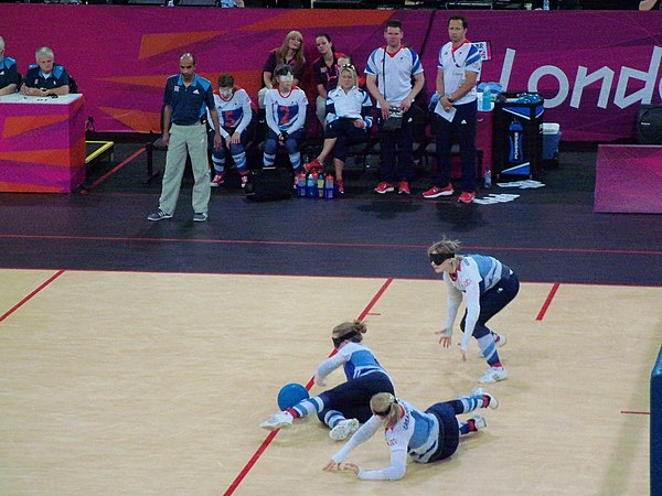 Great Britain women's goalball team defending, Copper Box arena, 2012 Paralympic Games, London, England (Sep 2012).