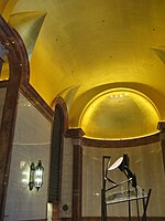 Gold leafed lobby ceiling and sculpture called Chicago Fugue