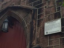Historical marker at Grace Church in Newark where Samuel Ward worked as organist, and wrote and perfected the tune "Materna" that is used for "America the Beautiful" Grace Church Newark plaque.jpg
