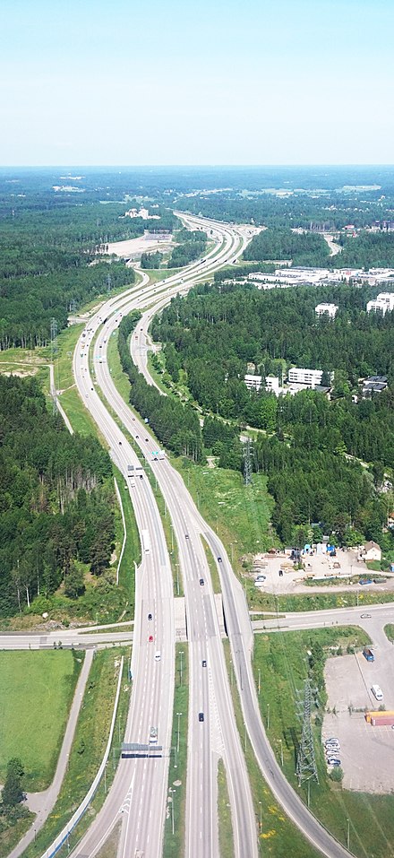 An aerial view of Finnish national road 3 (E12), a motorway between Tampere and Helsinki in Finland