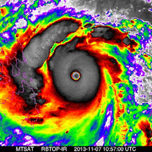 Animated enhanced infrared satellite loop of Typhoon Haiyan from peak intensity to landfall in the Philippines Haiyan 2013 landfall.gif
