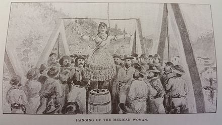 The hanging of Josefa Segovia (Juanita) in Downieville 1851. In complete disregard of her identity, she came to be known as "Juanita" after her death, a stereotypical name for a Mexican woman.