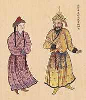 Uyghur chieftain from Wushi, Kucha and Aksu, with his wife. Huang Qing Zhigong Tu, 1769.[213]