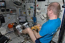 ESA Astronaut Frank De Winne performs the seated row on the Flywheel exercise device (FWED) in the Columbus laboratory of the International Space Station ISS-21 Frank De Winne performs activation and checkout steps in the Columbus lab.jpg