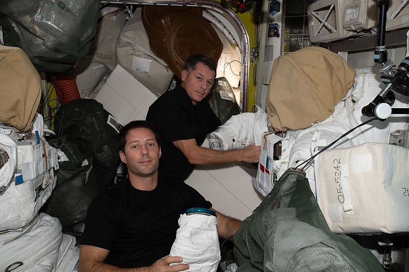 File:ISS-65 Pesquet and Kimbrough work on spacesuits.jpg