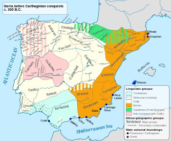 Rekonstruierte Sprachräume auf der iberischen Halbinsel um 300 v. Chr. (Die Lusitaner in dunkelblau)