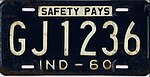 Indiana 1960 license plate - Number GJ1236.jpg