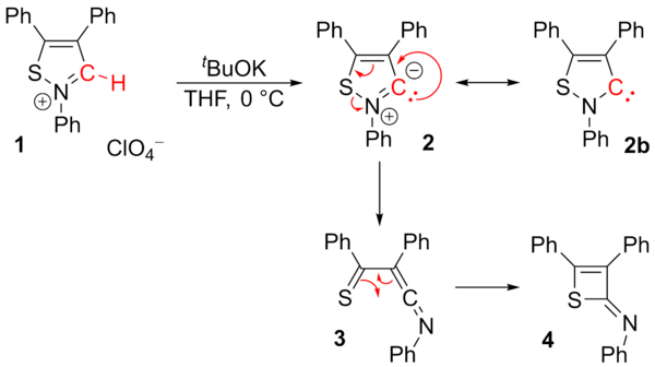 Isothiazole carbene (2b) was proved to be unstable. Isothiazole-carbene-DeHope-2006.png