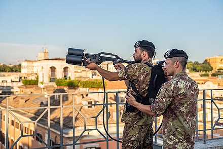 Italian Army soldiers of the 17th Anti-aircraft Artillery Regiment "Sforzesca" with a portable drone jammer in Rome