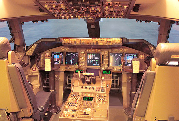 The computerized glass cockpit of the Boeing 747-400ER