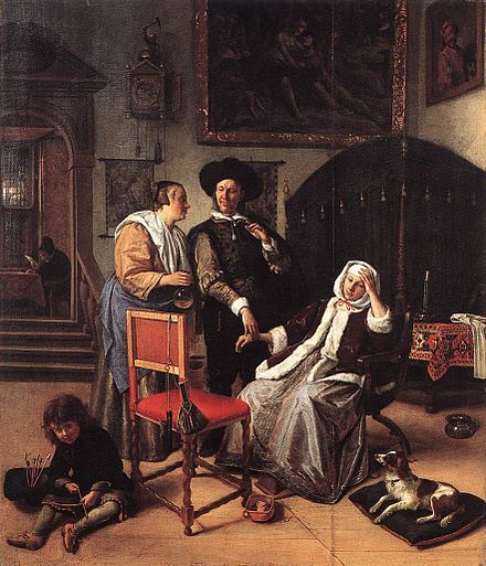 Doctor's visit with Kooikerhondje, painting (1658-1620) by Jan Steen
