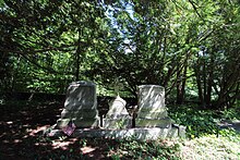 The gravestones of John B. Bachelder, his daughter Charlotte, and his wife, Elizabeth.