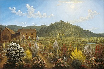 The house and garden, in Mills Plains, Van Diemen's Land, of prominent early Australian artist John Glover John Glover - A view of the artist's house and garden, in Mills Plains, Van Diemen's Land - Google Art Project.jpg