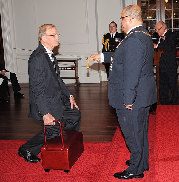 Graham's investiture as a Knight Companion of the New Zealand Order of Merit by the governor-general, Sir Anand Satyanand, at Government House, Wellin