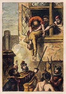 Coligny being thrown from his window down to where a group of men wait with swords below.