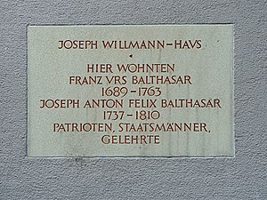 Josef Willmann Haus. Hier wohnten Franz Urs Balthasar (1689–1763) und Joseph Anton Felix Balthasar. Kapellplatz 7, Luzern