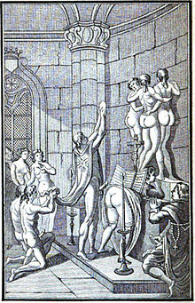 An engraving of monks indulging in orgy. From the French novel Justine (1791). Pornography during the French Revolution became a medium for protest against the authorities. Justine ou les Malheurs de la vertu (orgy with a monk 2).jpg