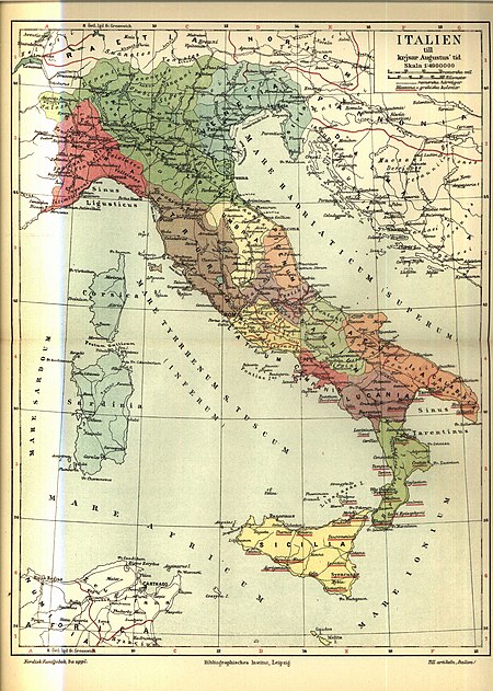 Map of Italy in the time of Augustus, showing the Gallic coast and the places mentioned by Pliny. Taken from the Nordisk familjebok, first edition 1876. Karta over Italien till kejsar Augustus tid, Nordisk familjebok.jpg