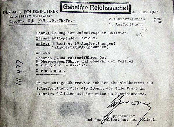 Cover page of the Katzmann Report Operation ReinhardSubmittedJune 30, 1943, KrakówAuthorSS-Gruppenführer Fritz Katzmann
