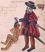 Spanish abuse at Encomienda depicted in Codex Kingsborough, 16th century Kingsborough.jpg