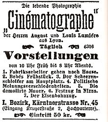 An advertisement for films by the French Brothers Lumiere in Vienna from 1896. Kinoprogramm Wien 1896.jpg