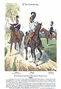 Preußische Kürassiere, 1813: vorne im weißen Kollett, links im blauen Leibrock, rechts in Litewka