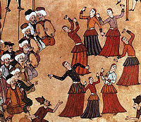 Kocek troupe at 1720 celebration fair at Sultan Ahmed's sons' circumcision. Koceks - Surname-i Vehbi.jpg