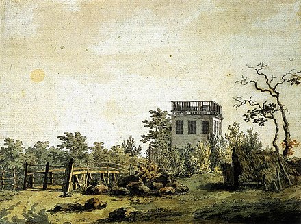 Landscape with pavilion (1797). This early work shows typical themes - ragged landscape, closed gate, building of uncertain purpose.