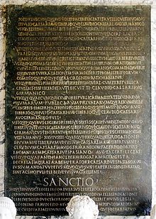 A bronze tablet in the Capitoline Museums recording a law of the Senate now termed the Lex de imperio Vespasiani, establishing Vespasian in his imperial munus. Section VI states that "whatsoever he shall think likely to promote the welfare of the state ... he shall have full right (ius) and authority (potestas) to do." This senatus consultum gives the emperor the absolute right to make decisions, a concept later adopted by the absolute monarchies of Europe. This legislation forestalled any questions about whether the emperor had a right to exercise the authority of the state in any way he pleased. In fact, such questioning was against the law as infringing on the emperor's rights. The death penalty was frequently invoked for such questioning, depending on the emperor (not under Vespasian, who was considered a good emperor). Lex De Imperio Vespasiani - Palazzo Nuovo - Musei Capitolini - Rome 2016.jpg