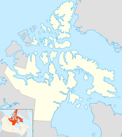 Mapa konturowa Nunavut, u góry nieco na lewo znajduje się punkt z opisem „Meighen Island”