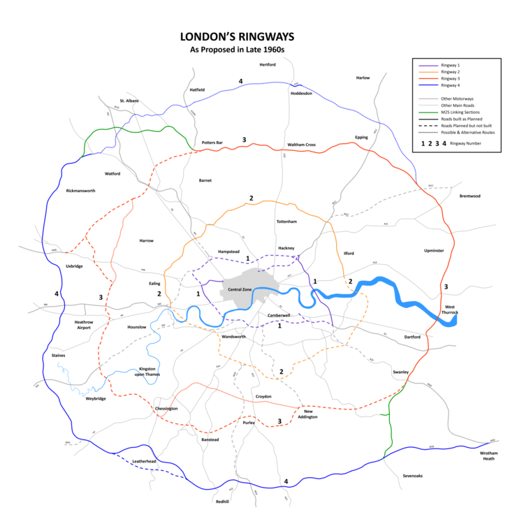 The London Ringways scheme planned in the late 1960s London Ringways Plan.png