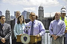 Patrick announcing the reconstruction of the Longfellow Bridge in June 2010 Longfellow Bridge, Governor Patrick, June 21, 2010 (4721712441).jpg