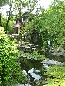 A man-made waterfall in Lotus Garden, Huzhou