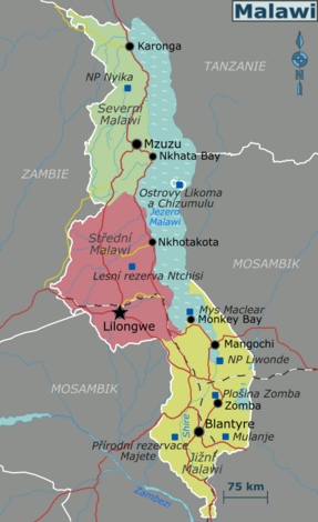 Mapa regionů Malawi