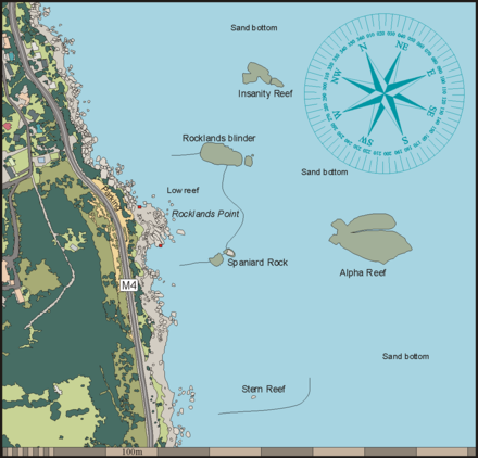 Map of the dive sites of Rocklands Point including Spaniard Rock