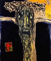 Marcus Reichert, Crucifixion VII (1991), oil and charcoal on linen with newsprint collage, 74" x 62"