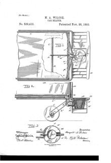 Photograph shows an early patent of a car heater, made and patented by Margaret A. Wilcox in 1893.