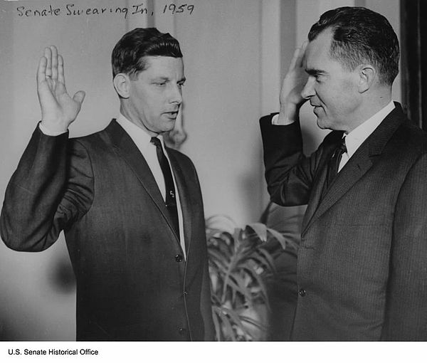 Vice President Richard Nixon administers the oath of office to Senator Gale McGee, 1959.