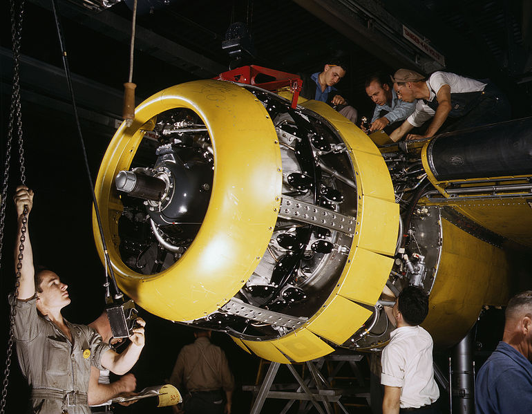 File:Mounting motor on a Fairfax B-25 bomber, at North American Aviation, Inc., plant in Inglewood, Calif.jpg