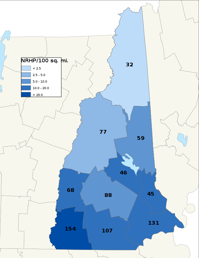 Distribuição de NRHPs nos condados de Nova Hampshire.