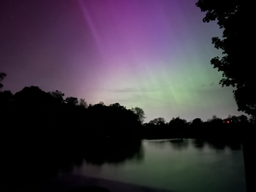 A purple and green aurora. Semi-detached houses can be seen